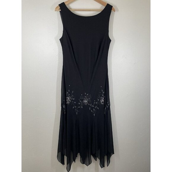 Vintage Y2K 90s Midi Beaded Black Sheer Asymmetrical Scarf Hem Dress Sz 14W - Picture 1 of 15